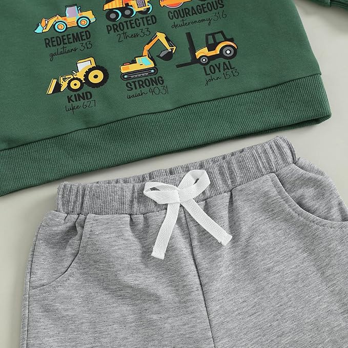 FOCUSNORM Toddler Baby Boy Fall Winter Outfit Excavator Embroidered Long Sleeve Sweatshirt Elastic Jogger Pant 2 Pcs Clothes