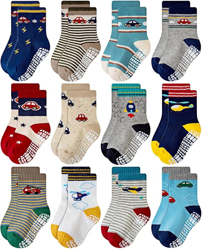 RATIVE Non Skid Anti Slip Crew Socks With Grips for Baby Infant Toddlers Kids Boys