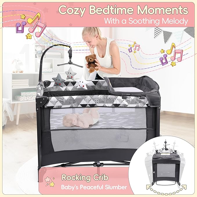 Xilingol 5-in-1 Baby Bassinet Bedside Sleeper, Portable Pack and Play with Changing Table, Baby Crib with Carry Bag, Cosleeper Bassinet Attach to Bed for Newborn to Toddlers