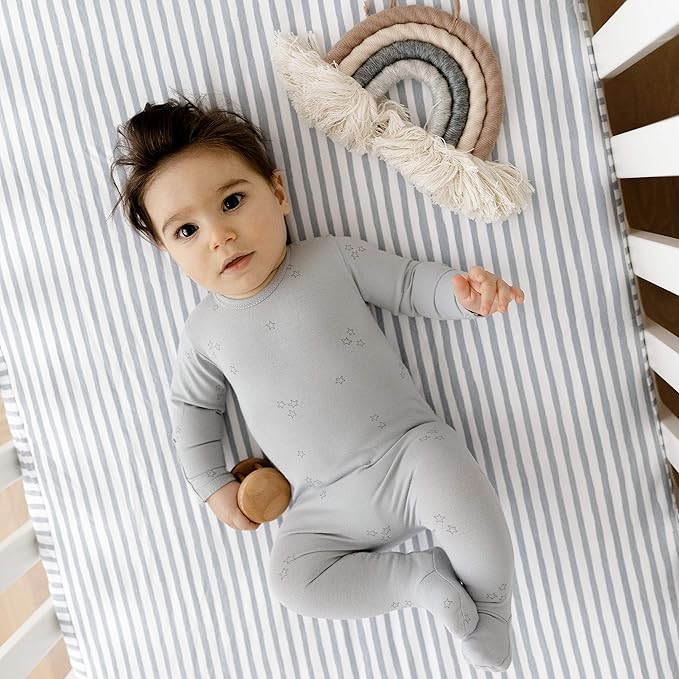 Ely’s & Co. Waterproof Pack and Play/Mini Crib Sheets – All-in-One Mattress Protector and Fitted Playard Sheets – Jersey Cotton – Blue Splash & Stripes, Baby Boy Nursery Bedding Essential – 2-Pack