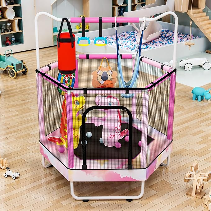 LAMERGE 55" 7-in-1 Round Trampoline for Kids Boys & Girls Ages 1-8, Indoor & Outdoor Trampoline for Fun, Adjustable Height Handrail ＆ Enclosed Safety Net ＆ Durable Designs for Toddlers Children
