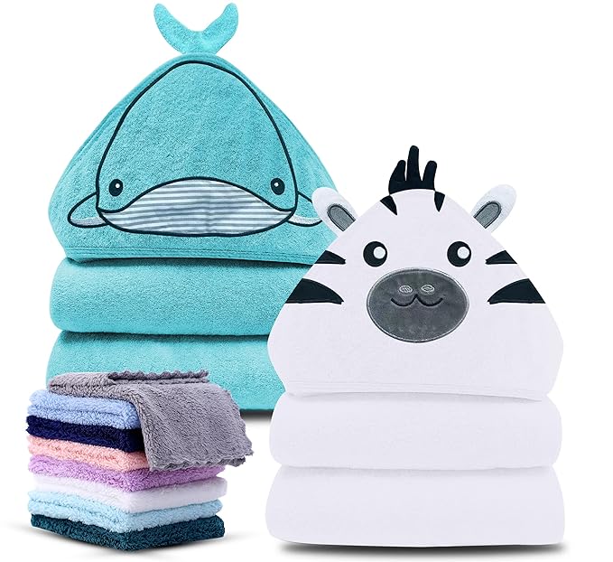 Cute Castle 2 Pack Hooded Baby Towel Rayon Made from Bamboo with 8 Washcloths - Soft Bath Towel for Bathtub for Babie, Newborn, Infant, Natural Baby Stuff Towel (Zebra and Whale)