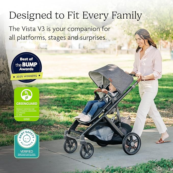 UPPAbaby Vista V3 Full-Size Single-to-Double Stroller System, Toddler Seat, Bug & Rain Shields, Storage Bag Included, Evelyn (Meadow Green/Graphite Frame/Chestnut Leather)