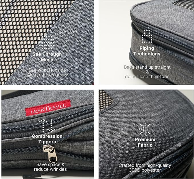 LeanTravel Premium Compression Packing Cubes for Travel - Luggage Organizers with Double Zipper - Sturdy Bags for Suitcase (1 Small Bag, Grey)