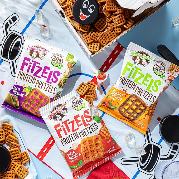 Lenny & Larry's FITZELS Protein Pretzels [GAME DAY Variety Pack] – 12 x 3oz Bags of High Protein Snacks with 20g Plant Based Protein – Incredibly Tasty with Salty Crunch
