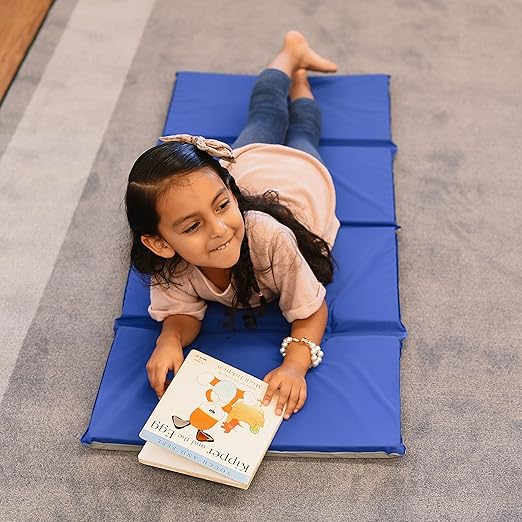 ECR4Kids Everyday Folding Rest Mat, 4-Section, 1in, Sleeping Pad, Blue/Grey, 5-Pack