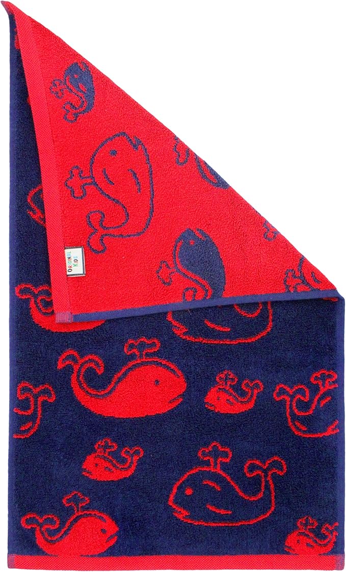 ORIGINAL KIDS Hand Towels - Bath Time Whale of A Time Set of 6 Hand Towel - 100% Cotton Jacquard Super Soft Colorful Absorbent Quick Dry Easy Care Bathroom Face Towel Gift - 16 x 27 - Navy Blue Red