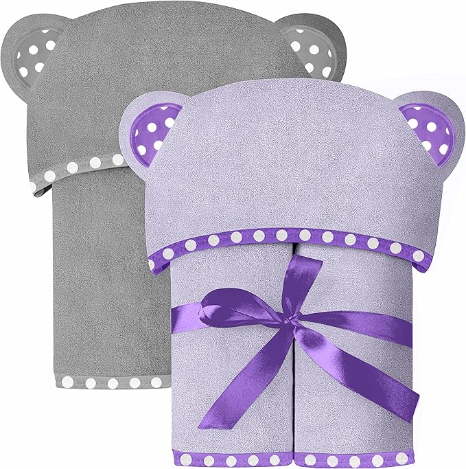 Set of 2 Hooded Baby Towels – Purple and Grey – Luxurious, Large and Super Absorbent – 30 x 30 Inch – Soft and Suitable for Infants, Toddlers and Kids – 400 GSM