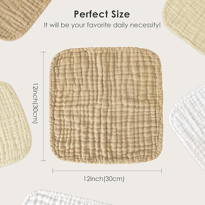 Sunny zzzZZ Baby Muslin Washcloths -100% Cotton Muslin Soft Baby Bath Wash Cloths and Absorbent Burp Cloths for Newborns Kids Girls and Boys -12 Pack, 12x12 Inches - White+Ivory+Brown