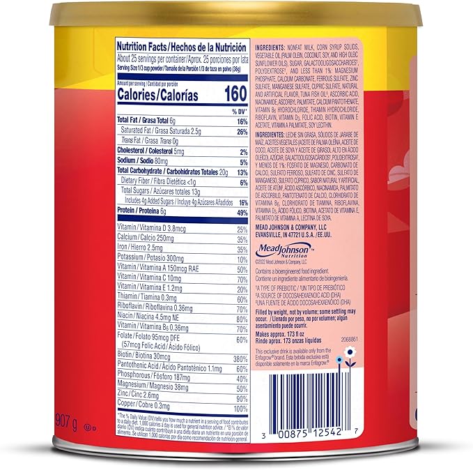 Enfagrow Premium Toddler Nutritional Drink, Made with Real Milk, Brain-Building Omega-3 DHA, Nutrients and Prebiotics for Growth & Immune Support, Non-GMO, Toddler Milk Powder, 32 Oz Can (Pack of 2)