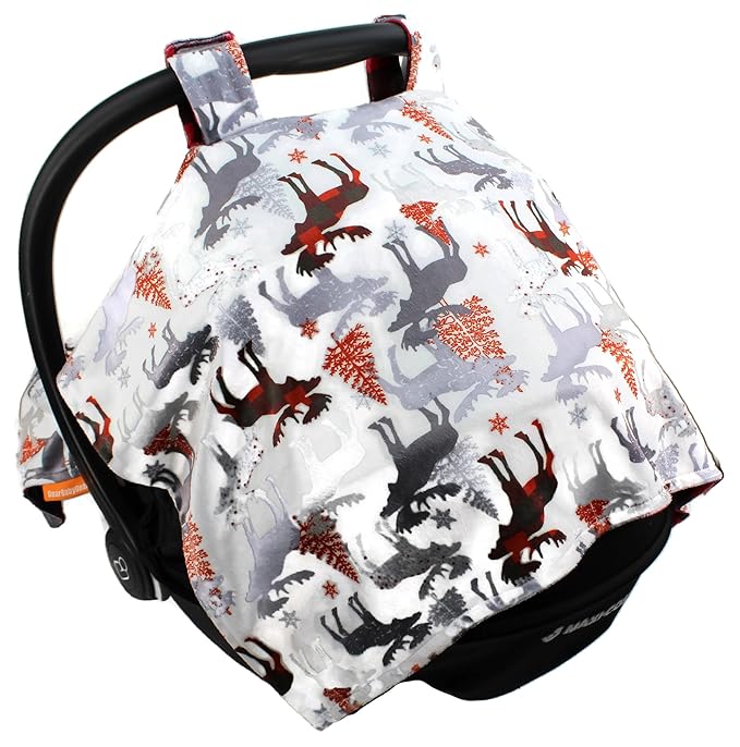 Dear Baby Gear Car Seat Canopy - Unisex Infant Car Seat Cover - Soft and Breathable Fabric - Fits Most Carseats - Winter Moose/Red Black Plaid - 40"x30"