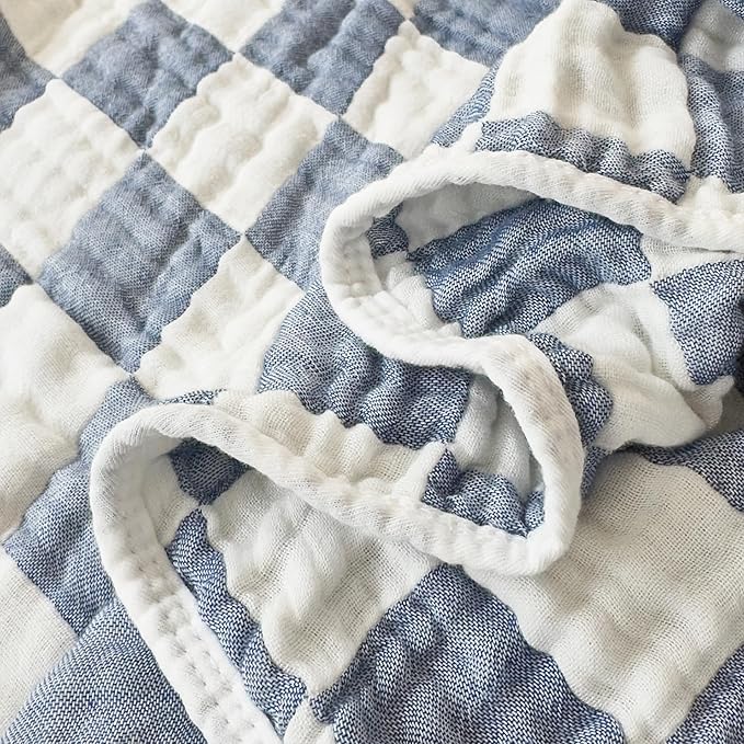 Ultra Soft Checkered Muslin Hooded Baby Towels for Newborn Boys and Girls 2 Pack 32x32 inch Cotton Muslin Baby Bath Towels for Newborns Toddlers,Newborn Essential (Blue and Coffee)