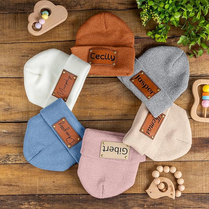 Personalized Name Baby Beanie Hat Leather Patch - Apricot Beanies Knit Hat Birthday Gifts for Kids Toddler to Adults
