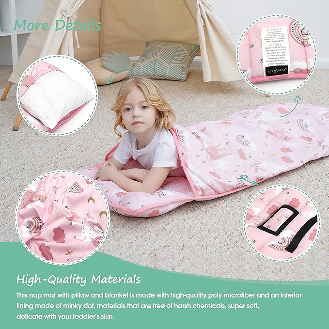 ACRABROS Toddler Nap Mat with Pillow and Blanket, Large Rolled Napping Mats,Slumber Bags for Boys Girls,Kids Sleeping Bag for Daycare, Preschool Travel