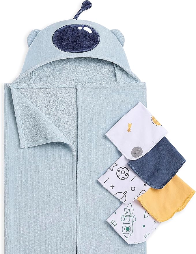 Evolur AstroNap 6 pc Baby Gift Set, Includes Hooded Towel & 5pc Wash Cloths, Soft and 100% Cotton Woven, for Newborn, Infants and Toddlers 0-9 Months
