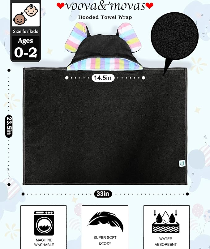 VOOVA & MOVAS Luxury Black Baby Hooded Bath Towel - 100% Cotton,500GSM, 33x31.5 Inches,0-2Years, Super Absorbent Large Towel with Cute Elephant Ears Hood for Newborn,Infant, Baby Essentials,Black