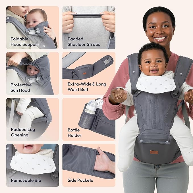BabbleRoo Grow Carrier – Safety-Certified 6-in-1 Toddler & Baby Carrier with Hip Seat, Ergonomic & Adjustable Toddler Carrier 7-50 lbs with Hip Support, Hood for Sun Protection, Newborn to Toddler