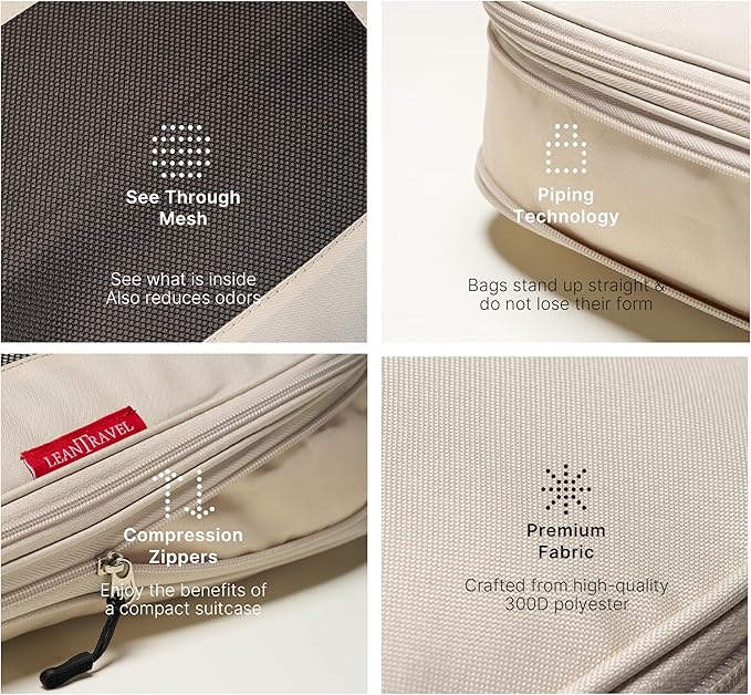 LeanTravel Premium Compression Packing Cubes for Travel - Luggage Organizers with Double Zipper - Sturdy Bags for Suitcase (4-Pack, Sand)