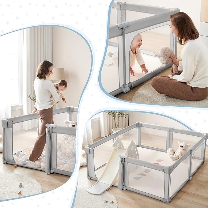 Sweeby Baby Playpen, 59x59 Inch Baby Gate Foldable Playpens for Babies and Toddlers, Extra Large Playpen with Door Play Yard for Kids Fence Indoor and Outdoor Play Pen, Gray