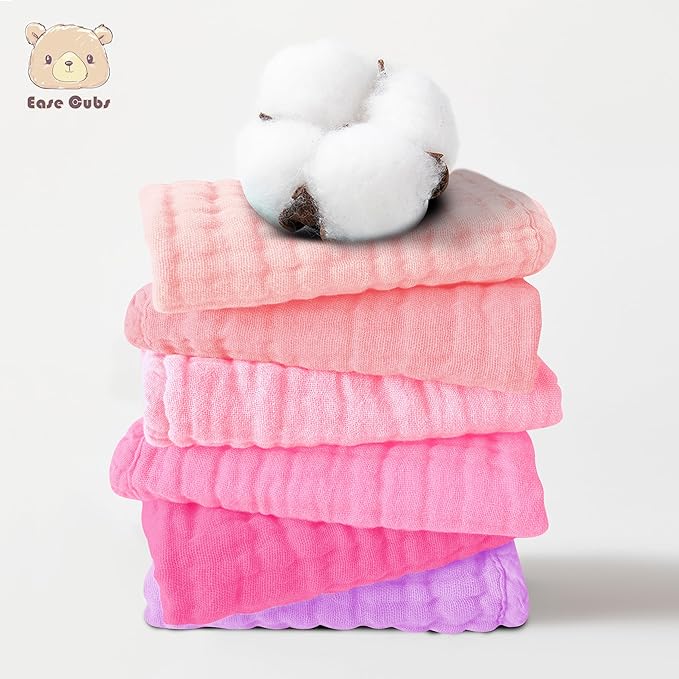 12 Pack Muslin Washcloths for Baby - 100% Cotton Baby Wash Cloths for or Baby Face Body Comfy and Soft for Newborn Infants Kids Girls and Boys - 12"x12" - Pink, Purple and Sakura Series