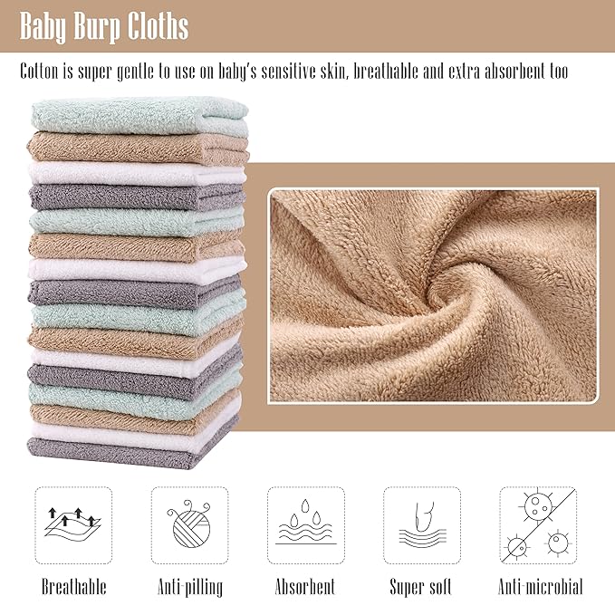 Cute Castle Ultra-Soft Baby Washcloths, 16 Pack - 9" by 9", Gentle on Sensitive Skin for Face and Body, Plush, Super Absorbent Wash Clothes for Girls and Boys,White+Brown+Grey+Sage Green