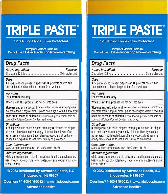Triple Paste Diaper Rash Cream for Baby, 3 Oz (Pack of 2), Zinc Oxide Ointment Treats, Soothes & Prevents Diaper Rash, Pediatrician-Recommended & Hypoallergenic, Baby Essentials for Daily & Overnight
