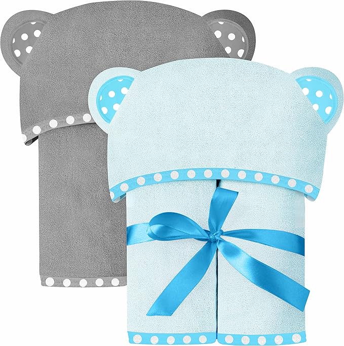 Set of 2 Hooded Baby Towels – Blue and Grey – Luxurious, Large and Super Absorbent – 35 x 35 Inch – Soft and Suitable for Infants, Toddlers and Kids – 400 GSM