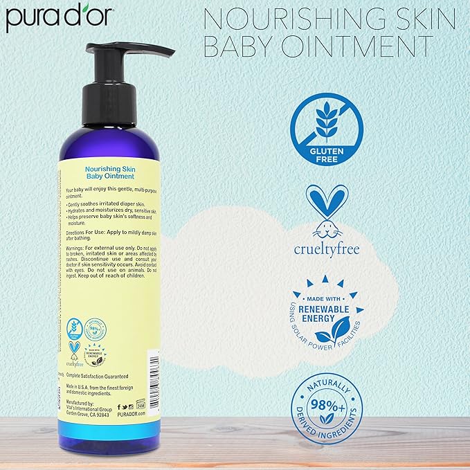 PURA D'OR 8 Oz Nourishing Skin Baby Ointment – Gentle Moisturizing Balm for Sensitive Skin, Diaper Area Protection & Soothing Hydration, Fragrance-Free, Vegan & Hypoallergenic