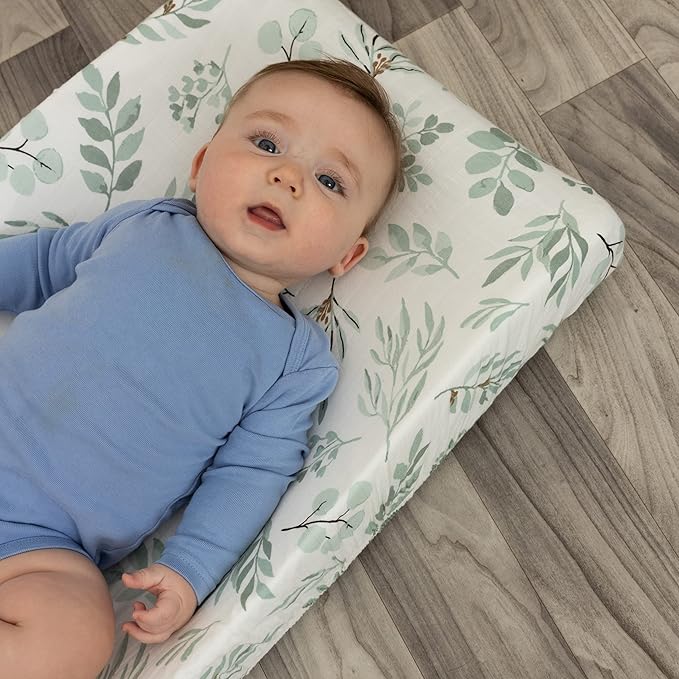 Organic Muslin Changing Pad Cover - Fitted Baby Changing Mat, Soft and Breathable, Eucalyptus Leaves, 16”x32”