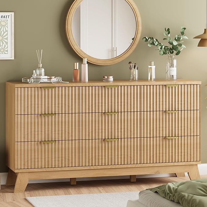 Fluted Dresser for Bedroom with 9 Drawers, 57" Wide Modern Chest of Drawers with Metal Handle, Wooden Dresser TV Stand, Wood Closet Clothes Storage Organizer for Living Room, Hallway, Natural Oak