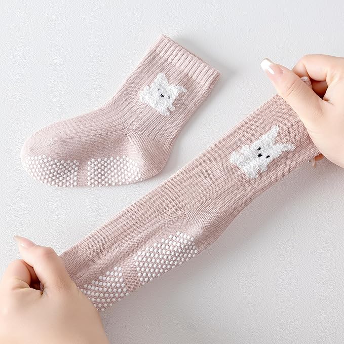 Toddler Grip Socks Non Slip Crew Socks Cute Seamless Cotton Socks for Baby Boys Girls Infants Kids 9 Pairs