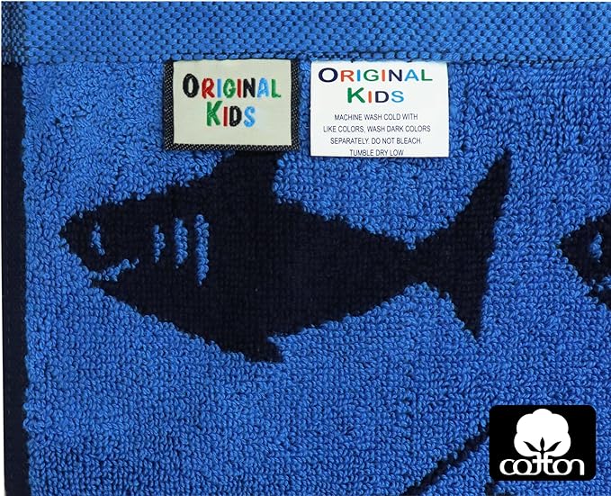 ORIGINAL KIDS Wash Cloth - Bath Time Shark Attack Set of 12 Washcloths - 100% Cotton Jacquard Super Soft Colorful Absorbent Quick Dry Easy Care Face Towel Face Cloth Gift - 12 x 12 - Navy Blue