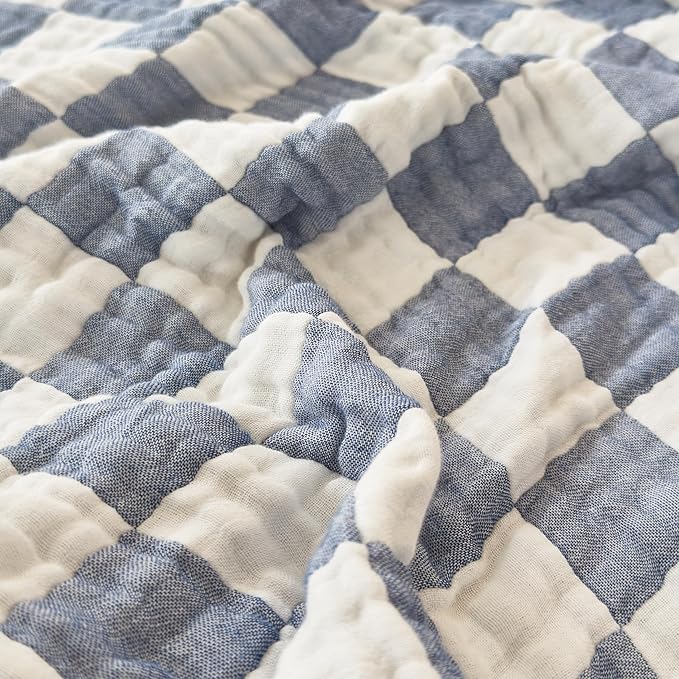 Ultra Soft Checkered Muslin Hooded Baby Towels for Newborn Boys and Girls 2 Pack 32x32 inch Cotton Muslin Baby Bath Towels for Newborns Toddlers,Newborn Essential (Blue and Coffee)