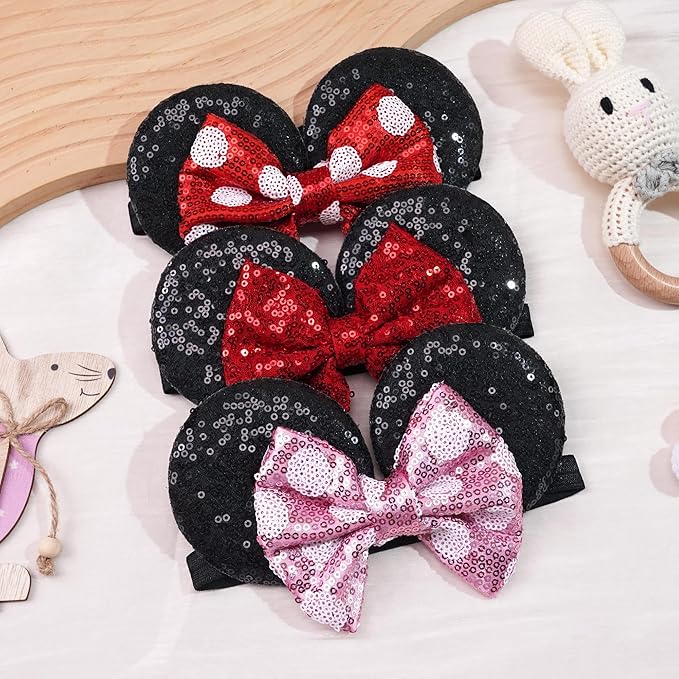 3 PCS Mouse Ears Sequin Bow Nylon Hairband with Polka Dot Cute Baby Headbands Soft Hairbands Hair Accessories for Newborn Infant Toddler