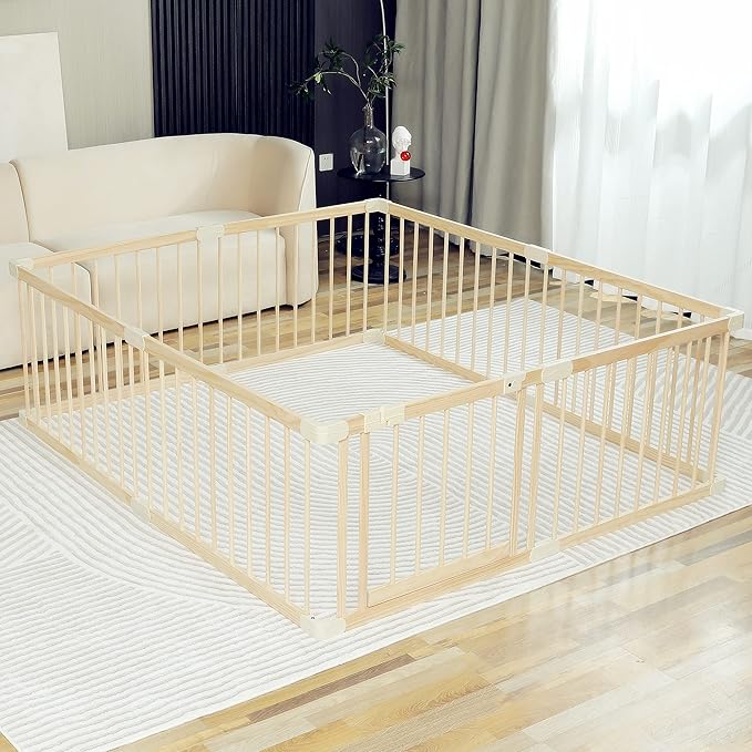Baby Playpen Play Fence Gate Play Pen Wood Large,Playpens for Babies and Toddlers Kids Indoor,Baby Play Yards Gym