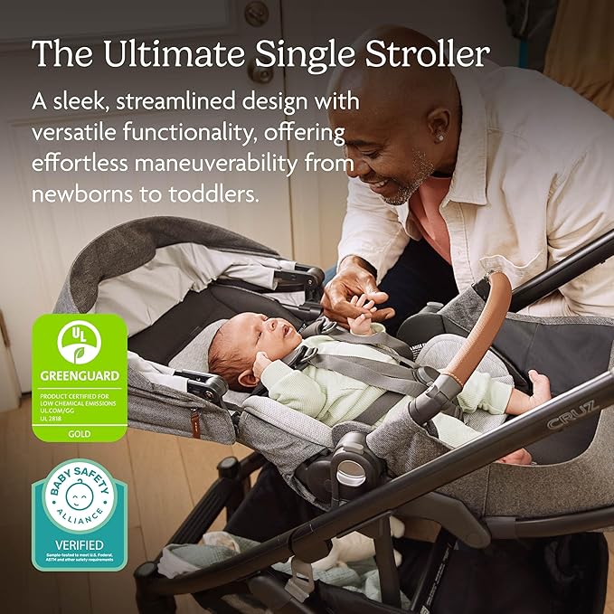 UPPAbaby Cruz V3 Stroller - from Birth + Car Seat Compatible - Full-Size, Reversible Seat - Infant Insert, Bug and Rain Shields Included - Greyson (Charcoal Mélange/Carbon Frame/Saddle Leather)
