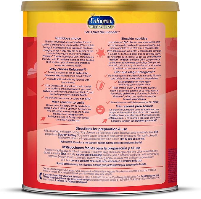 Enfagrow Premium Toddler Nutritional Drink, Made with Real Milk, Brain-Building Omega-3 DHA, Nutrients and Prebiotics for Growth & Immune Support, Non-GMO, Toddler Milk Powder, 32 Oz Can