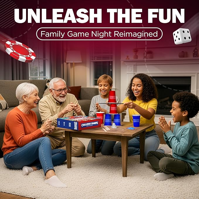 Action Party Game – 200 Skill Challenges for Team Building, Family Game Night | Complete Set for Adults, Teens, Kids 8+ with 10+ Accessories | Competitive Group Activity