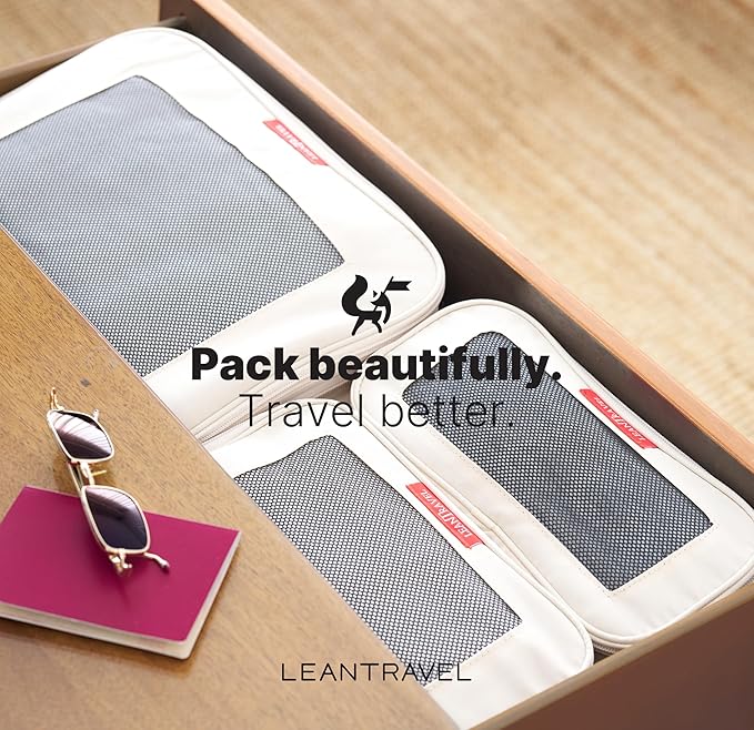 LeanTravel Premium Compression Packing Cubes for Travel - Luggage Organizers with Double Zipper - Sturdy Bags for Suitcase (4-Pack, Sand)
