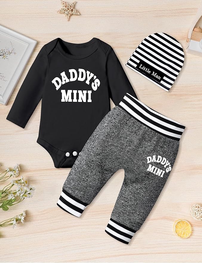 Fommy Newborn Baby Boy Clothes New to The Crew Letter Print Romper+ Pants+Hat 3PCS Outfit