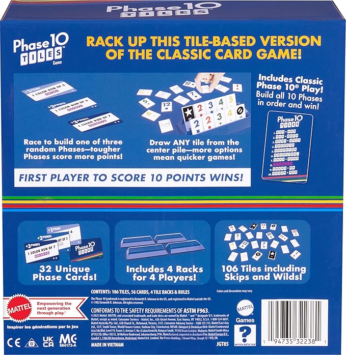 Mattel Games Phase 10 Tiles Game, Quick Family Rummy-Type Play with 32 Cards Featuring Unique Phases and Two Ways to Play, for 2-6 Players
