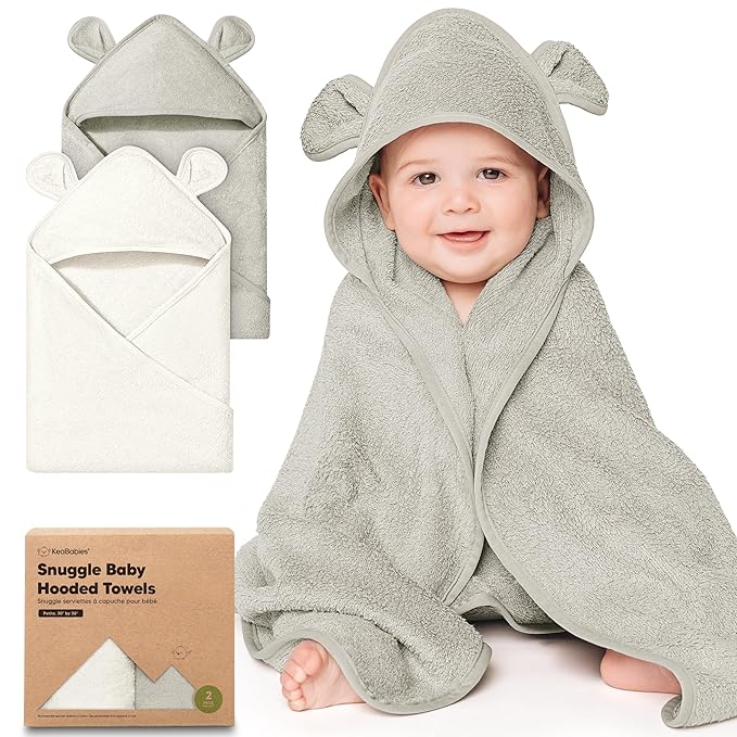 KeaBabies 2-Pack Hooded Baby Towels for Newborn - 30x30 Soft & Absorbent Viscose from Bamboo Baby Bath Towels with Hood for Infant, Toddler,Kids,Boys Girls,Newborn Bath Essentials (Graphite, Petite)