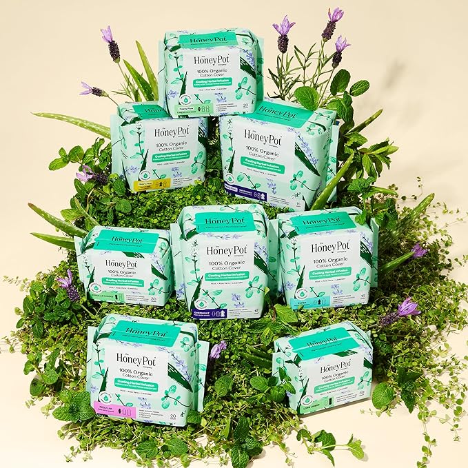 The Honey Pot Company - Herbal Sanitary Pads for Women - Heavy Flow Overnight w/Wings - Infused w/Essential Oils for Cooling Effect & Organic Cotton Cover - Feminine Care - 16 ct