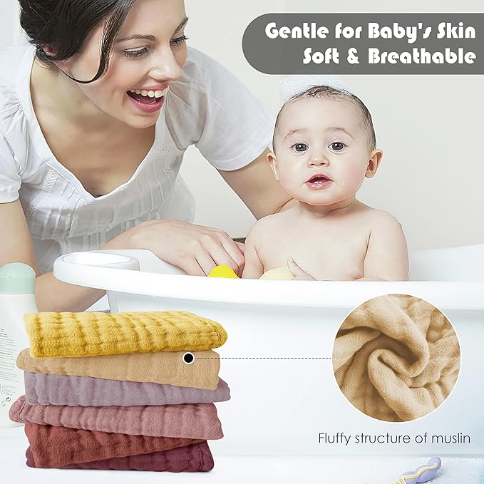 12 Pack Muslin Washcloths for Baby - 100% Cotton Baby Wash Cloths for or Baby Face Body Comfy and Soft for Newborn Infants Kids Girls and Boys - 12"x12" - Brown, Honey and Bean Paste Series