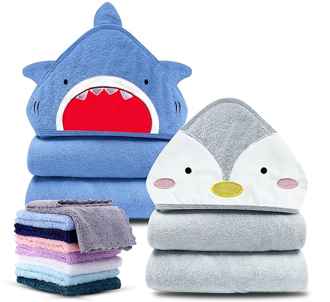 Cute Castle 2 Pack Hooded Baby Towel Rayon Made from Bamboo with 8 Washcloths - Soft Bath Towel for Bathtub for Babie, Newborn, Infant, Natural Baby Stuff Towel (Shark and Penguin)