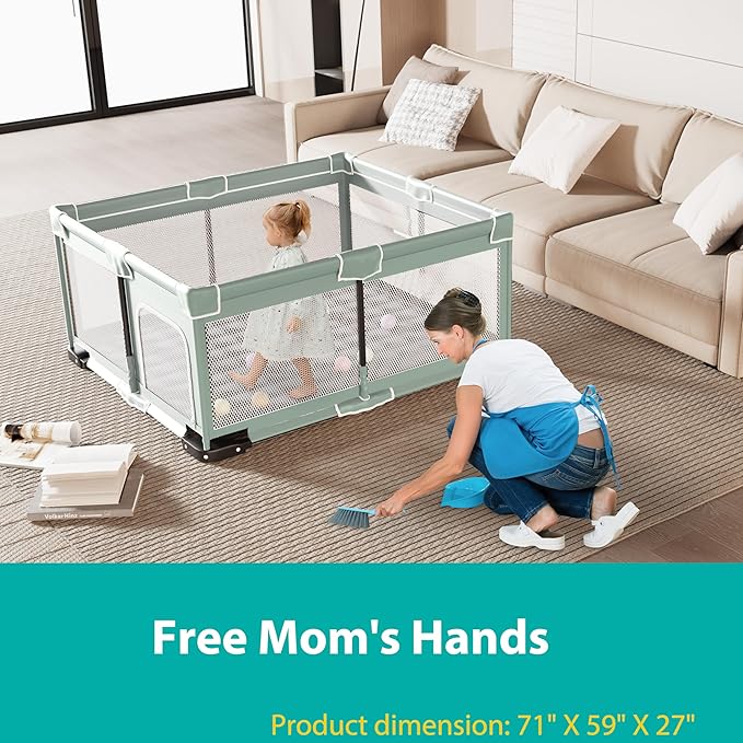 Foldable Playpen for Babies and Toddlers, 71"x59" Inches Portable Playpen with Mat, Kids Collapsible Play Pen with 2 Handlers, Indoor & Outdoor Baby Play Area with Visible Mesh (Light Green)