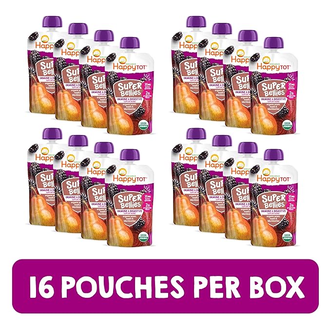 HAPPYTOT Organics Stage 4 Baby Food Pouches, Gluten Free, Vegan Snack, Super Bellies, Fruit & Veggie Puree, Pears, Beets & Blackberries 4 Ounce (Pack of 16)
