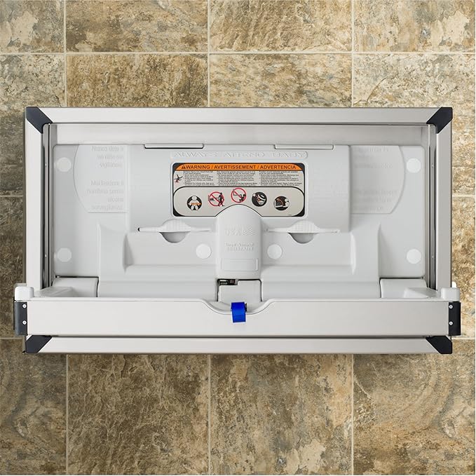 Foundations Horizontal Baby Diaper Changing Station with Recessed Mount, Stainless Steel Shell with Polyethylene Changing Table, Adjustable Safety Belt (100SSC-R)