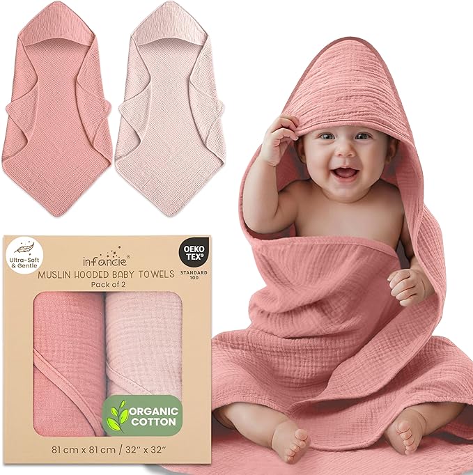 100% Organic Cotton Muslin Baby Hooded Towels 32x32 Inch – 2 Pack Soft & Absorbent Baby Towels for Newborn for Boys & Girls, Premium Hooded Towels, Ultra-Gentle Baby Essentials in Rose/Peach