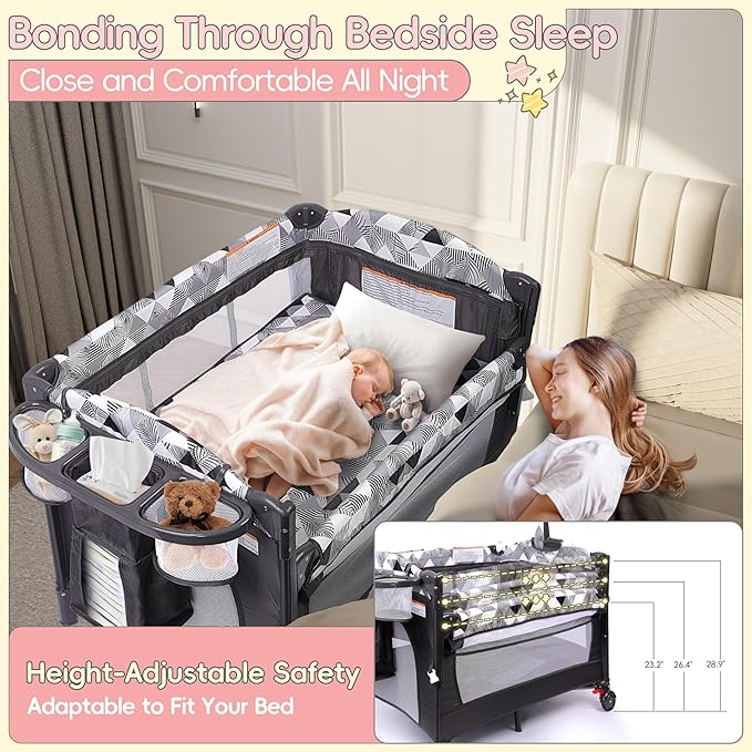 Xilingol 5-in-1 Baby Bassinet Bedside Sleeper, Portable Pack and Play with Changing Table, Baby Crib with Carry Bag, Cosleeper Bassinet Attach to Bed for Newborn to Toddlers